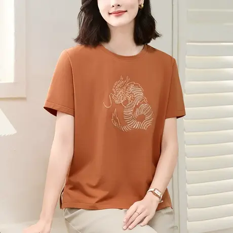 纯棉短袖t恤女夏装2024龙年新款时尚重工刺绣上衣百搭半袖体恤衫图片