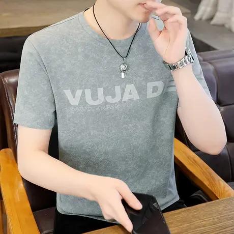 2024夏季新款男士圆领复古时尚潮流迷彩个性字母休闲短袖百搭穿搭商品大图