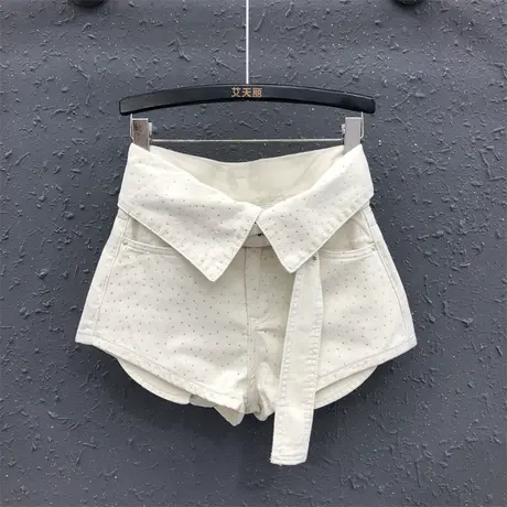 欧货韩版阔腿裤女24春夏新款米白色重工烫钻高腰显瘦百搭牛仔短裤图片