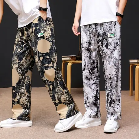 休闲长裤男士潮牌宽松阔腿裤秋季中国风男装直筒民族风大码花裤子图片