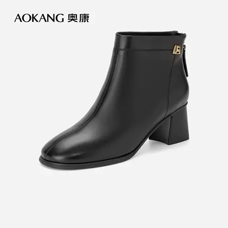 奥康女鞋 冬季新款女士靴子休闲时尚时装靴中筒粗跟加绒保暖商品大图