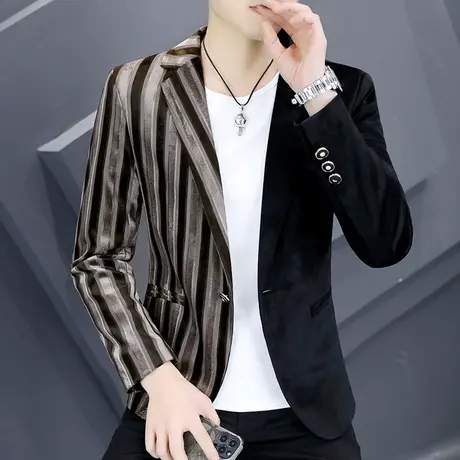 痞帅个性条纹小西服男春季潮牌高级设计感金丝绒韩版修身西装外套商品大图