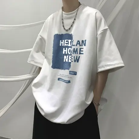 夏季男士麂皮绒印花短袖T恤打底衫宽松半袖潮流港风五分袖上衣商品大图