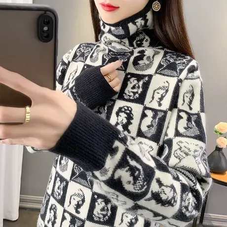 高领毛衣女加厚棋盘格堆堆领2023秋冬新款堆堆领针织衫内搭上衣潮商品大图