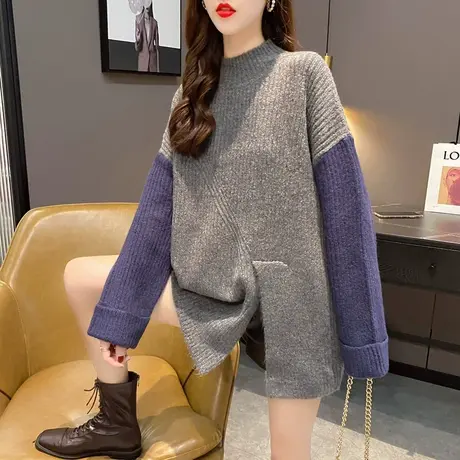 高领毛衣女士秋冬季宽松外穿慵懒风中长款套头秋装针织衫洋气上衣图片