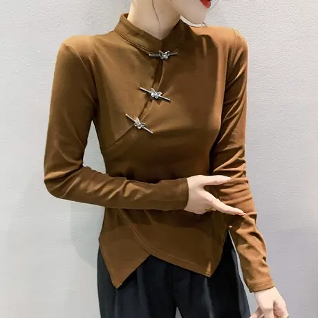 不规则开叉T恤女长袖洋气立领收腰修身上衣内搭磨毛加厚打底衫潮商品大图