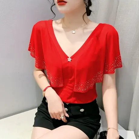 性感低胸V领上衣女短袖欧货气质荷叶边小衫时尚烫钻网纱T恤半袖夏商品大图