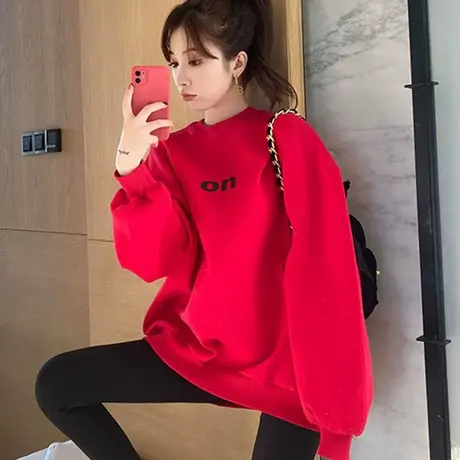 oversize红色卫衣女2023年秋冬新款加绒加厚宽松中长款遮屁股上衣商品大图