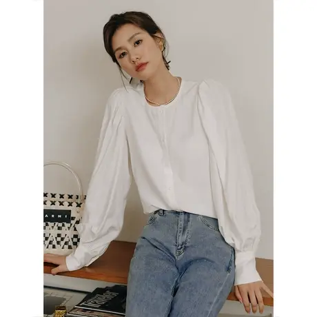 弥古法式泡泡袖白色衬衣女上衣2023新款秋季打底衫内搭衬衫高级感图片