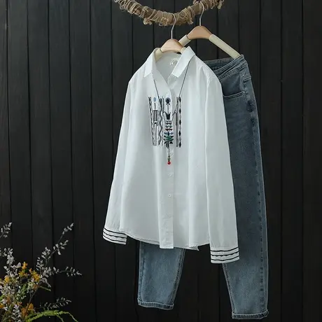 复古文艺刺绣长袖衬衫女春装新品百搭打底衫上衣短款休闲衬衣春秋图片