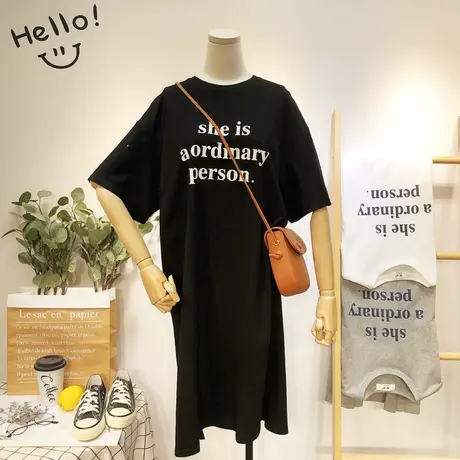 2020夏季新款懒人T恤韩国东大门ins简约字母长款T恤连衣裙大码女图片