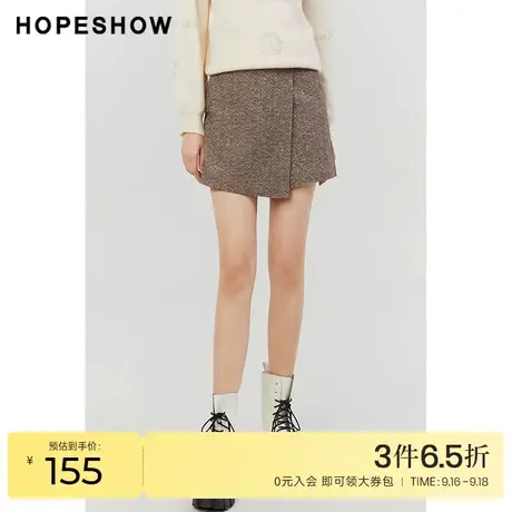 红袖outlets粗花呢时尚短裤hopeshow冬季新款系带高腰设计感A字裤商品大图