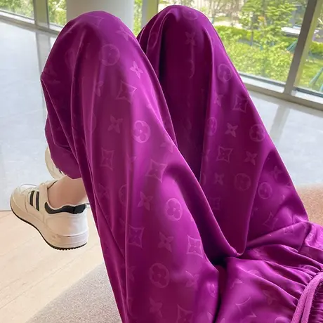 断码清仓  火龙果色阔腿裤女夏季薄款高腰松紧抽绳提花束脚哈伦裤图片