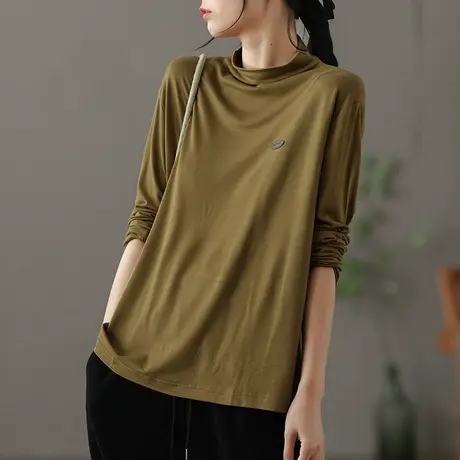 dza纯棉高领打底衫女士宽松长袖t恤春秋新款内搭上衣短款休闲体恤商品大图