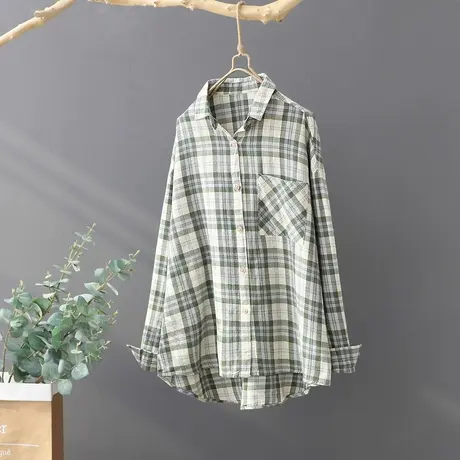 纯棉格子衬衫女春季新品短款长袖宽松磨毛休闲外套衬衣开衫女装潮商品大图