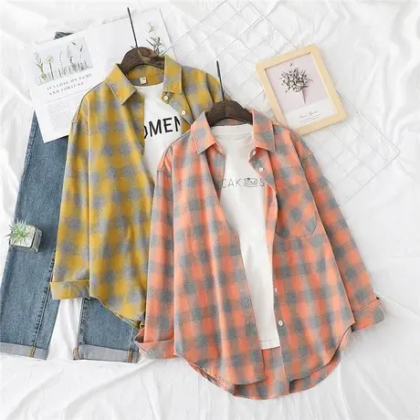 早秋新款韩版小清新文艺磨毛长袖格子衬衫女宽松学生打底衬衣外套图片