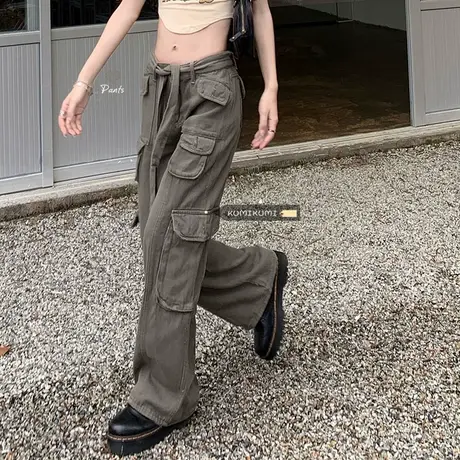 欧美高街工装牛仔裤女春秋宽松设计感小众高腰直筒阔腿长裤ins潮图片