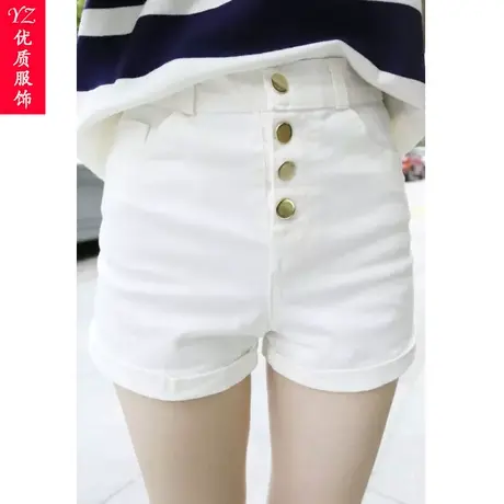 复古大码弹力单排扣高腰短裤女夏装休闲紧身显瘦白色超短裤热裤潮图片