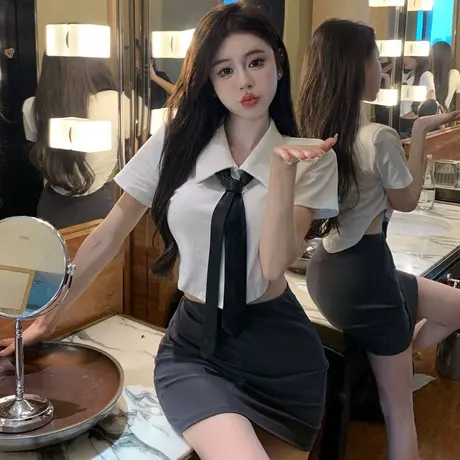 轻熟风polo领短袖t恤女夏季领带性感高腰甜辣妹修身显瘦短款上衣图片