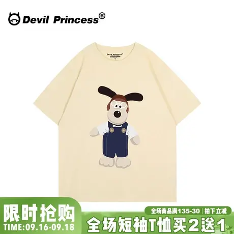 ulzzang小众复古街头风卡通潮牌奶杏色短袖T恤女学生宽松正肩上衣图片