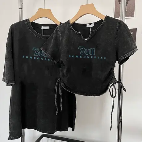 美式复古水洗做旧纯棉短袖T恤女夏季设计感小众短款半袖抽绳上衣商品大图