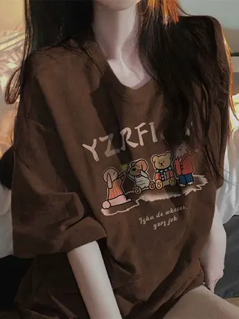 美式复古短袖t恤女夏季韩版宽松小众设计感oversize半袖国潮上衣商品大图