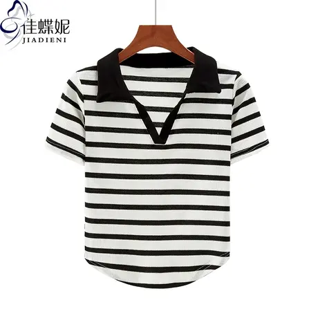 夏季新款韩版翻领修身纯白条纹短款纯欲短袖体恤上衣内搭女打底衫商品大图