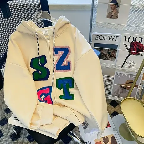 oversize设计感连帽卫衣女小众高街潮牌ins秋冬加绒加厚宽松外套图片