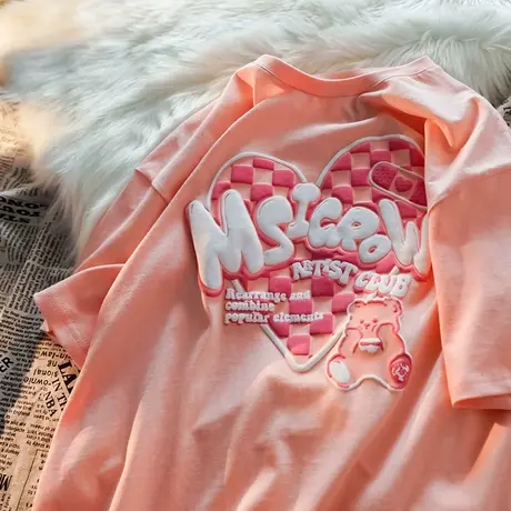 大码美式复古t恤女ins潮网红短袖2021年新款chic上衣女夏宽松商品大图