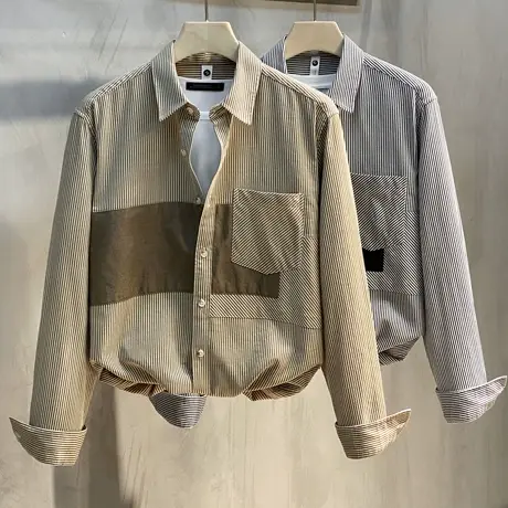 2023春秋装新款帅气拼接男士条纹衬衫韩版宽松潮流休闲男长袖衬衣商品大图