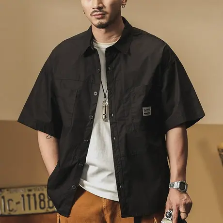 Modi Nick/摩帝尼克夏季薄款男士衬衫纯棉圆领男士短袖衬衫大码商品大图