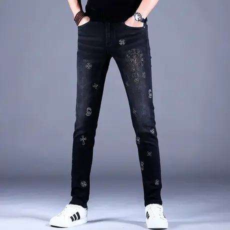 2023新款男士烫钻印花牛仔裤男秋款男款高端潮牌休闲裤子修身小脚商品大图