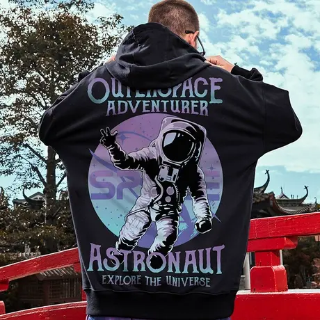 2023新款原创潮牌nasa联名宇航员印花加绒男潮流套头国潮连帽卫衣图片