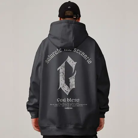 灰色外套潮牌胖子男装连帽宽松字母上衣加肥加大码加绒卫衣秋冬季商品大图