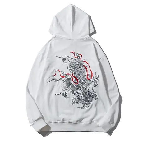 秋卫衣男麒麟动物图案刺绣连帽上衣中国风青年嘻哈宽松前口袋外套图片