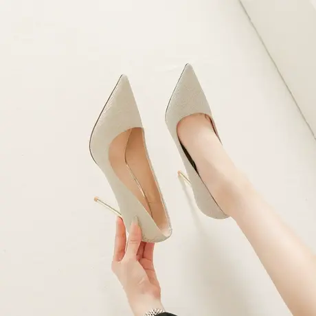 银色高跟鞋女细跟2023年春季新款性感气质法式少女尖头浅口单鞋子图片