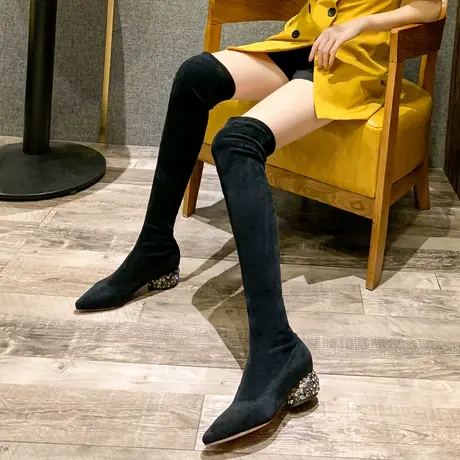 长靴女2023新款性感春秋单靴高筒靴粗跟弹力网红尖头瘦瘦过膝靴冬图片