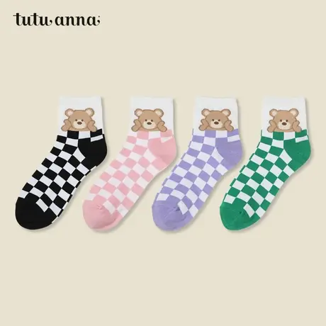 tutuanna女袜 纯色动物印花春夏短袜棉质棋盘格潮流街头风短袜女商品大图