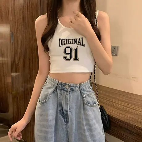辣妹字母吊带背心纯欲风U领上衣修身显瘦短款白色T恤女2024夏季潮商品大图