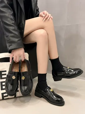 山茶花厚底小皮鞋女2024春季新款一脚蹬乐福单鞋英伦风平底豆豆鞋商品大图