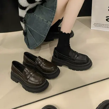 英伦风小皮鞋女2024年新款气质厚底增高鞋子高级感圆头粗跟乐福鞋商品大图
