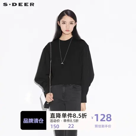 S·DEER圣迪奥女装休闲圆领褶皱拼接泡泡袖长袖T恤S21380222商品大图