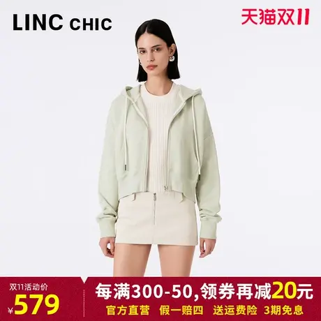 LINCCHIC金羽杰卫衣开衫女2023年秋冬新款落肩连帽外套S233HD440Y商品大图