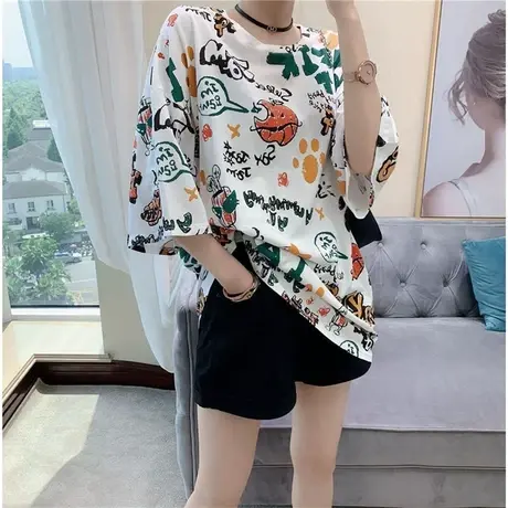 2023夏季新款欧货大版t恤女短袖欧洲站网红潮ins宽松中长款闺蜜装商品大图