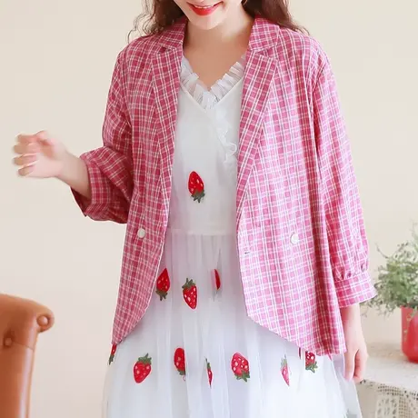 胖妹妹春装复古显瘦纹格小西装外套加大码2023新款九分袖宽松上衣商品大图