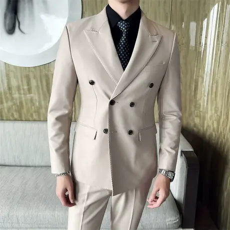 双排扣西装男套装主持人休闲礼服枪驳领修身新郎西服男两件套装图片