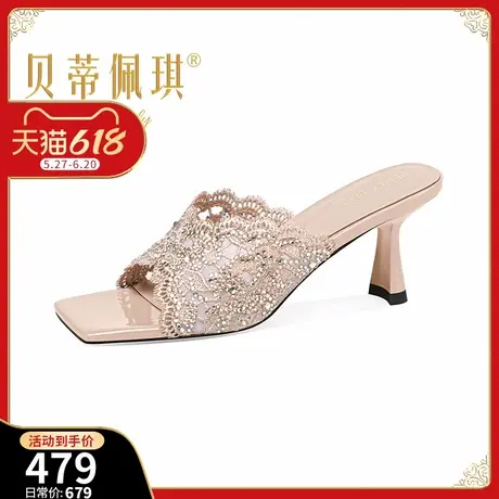 优雅气质方头高跟外穿拖鞋女2025年夏季新款时尚细跟水钻蕾丝凉拖商品大图
