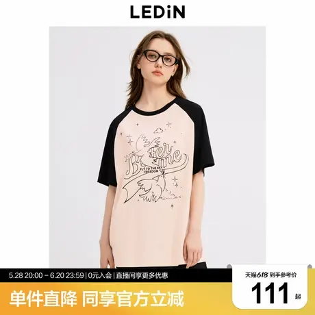 乐町韩系学院风秋季新款撞色飞鸽字母印花宽松插肩袖短袖T恤商品大图