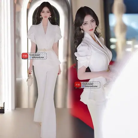 VJE夏季女王范设计感职业套装新款修身上衣微喇叭裤两件套图片