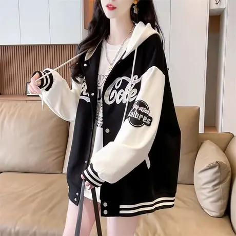棒球服外套女2024新款秋冬季韩版宽松大码加绒加厚夹克开衫卫衣潮图片